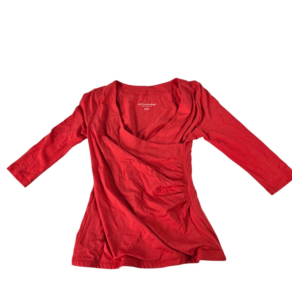 Soft Surroundings Red Ruched Faux Wrap Pima Cotton Modal Top Petite XS 34629